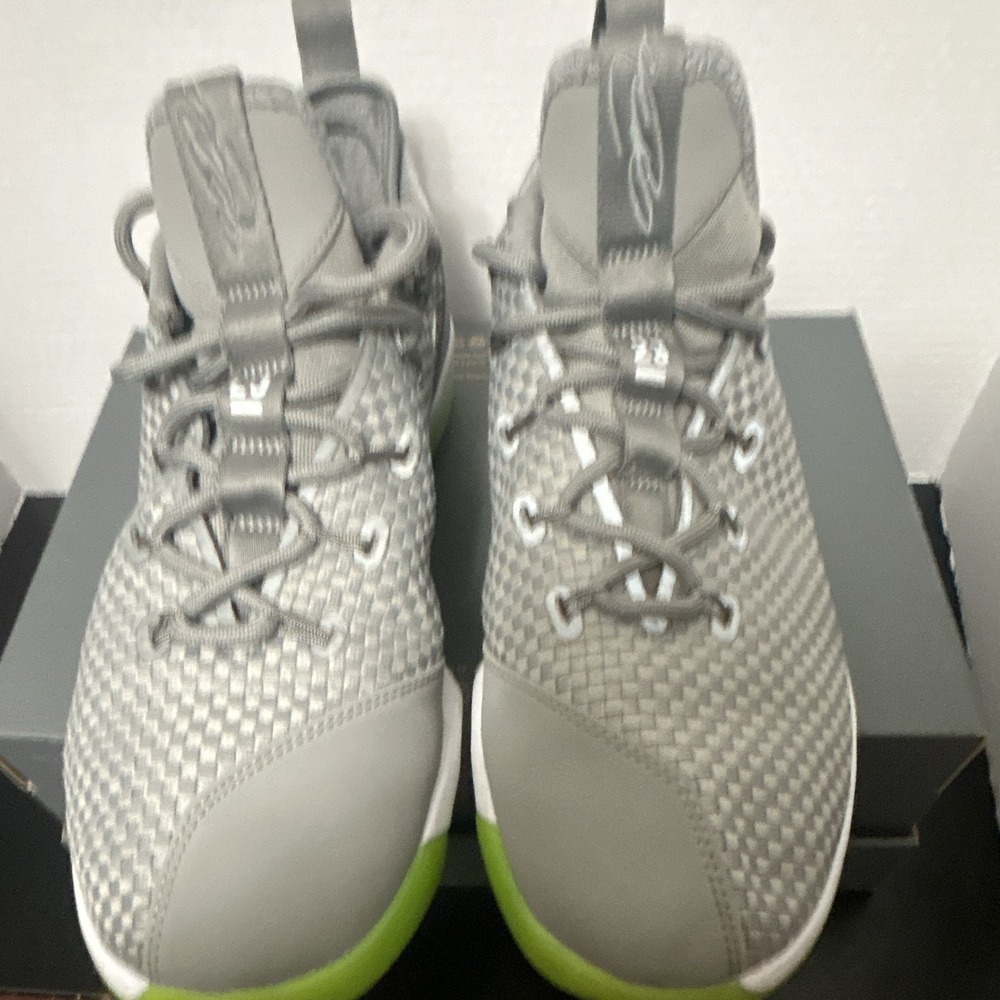 Nike LeBron 14 Low sneakers. gray upper and a bright green outsole.